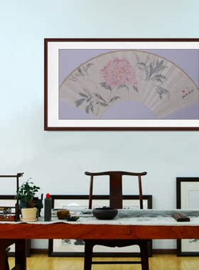 纯手绘国画写意画没骨花鸟折扇面牡丹字画新中式卧室客厅装饰禅意