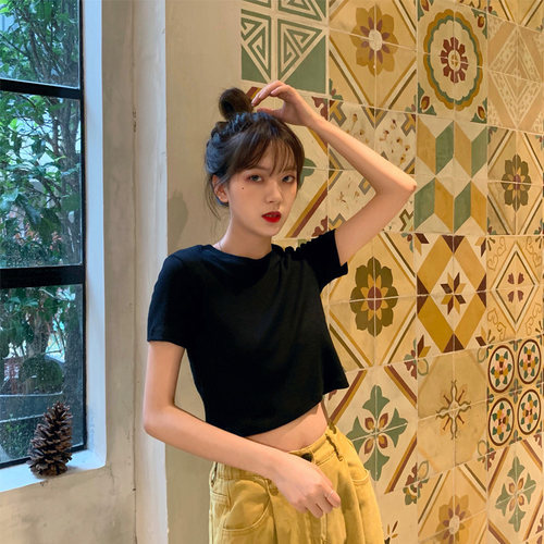 泫雅风短款韩版cec短袖t恤女宽松ins小众设计感心机紧身露脐上衣 - 图3