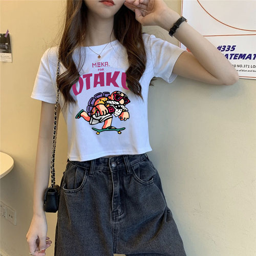 超火短款上衣服设计感小众显瘦配高腰阔腿裤短袖t恤女装ins潮夏天 - 图2