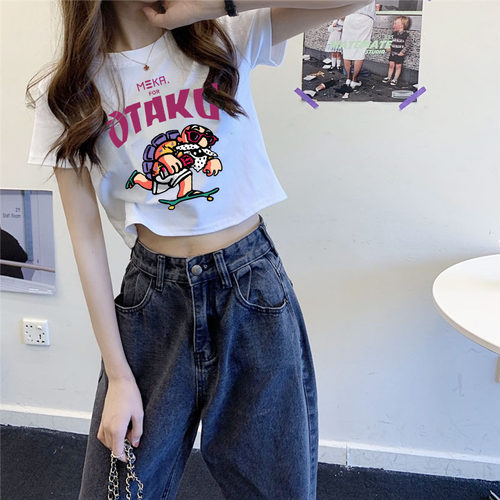 超火短款上衣服设计感小众显瘦配高腰阔腿裤短袖t恤女装ins潮夏天 - 图0