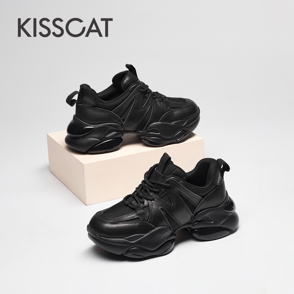KISSCAT接吻猫秋季新款厚底增高休闲运动鞋小飞龙老爹鞋女 - 图0
