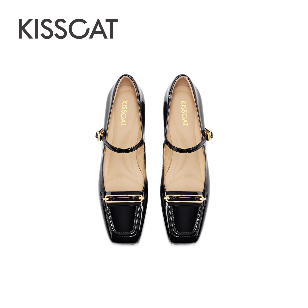 KISSCAT接吻猫秋季新款气质方头真皮单鞋粗跟复古玛丽珍鞋女,淘宝优惠券,粉丝福利购,淘宝优惠卷