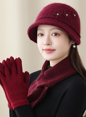 针织帽女秋冬保暖洋气帽子防寒护耳毛线妈妈帽中老年人帽围巾手套