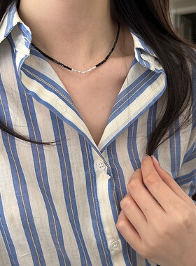锦河畔 925银不规则碎银子黑色晶石项链女简约手工穿制水晶锁骨链