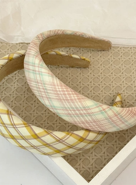 复古黄粉格纹高颅顶发箍