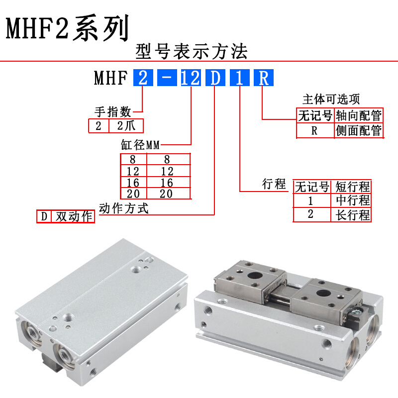 薄型滑台气缸MHF2-8D/MHF2-12D16D1平行导轨气动气夹MHF-16DR带磁-图1