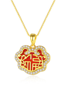 国潮平安锁项链女925纯银轻奢感银镶钻红玛瑙吊坠母亲节饰品