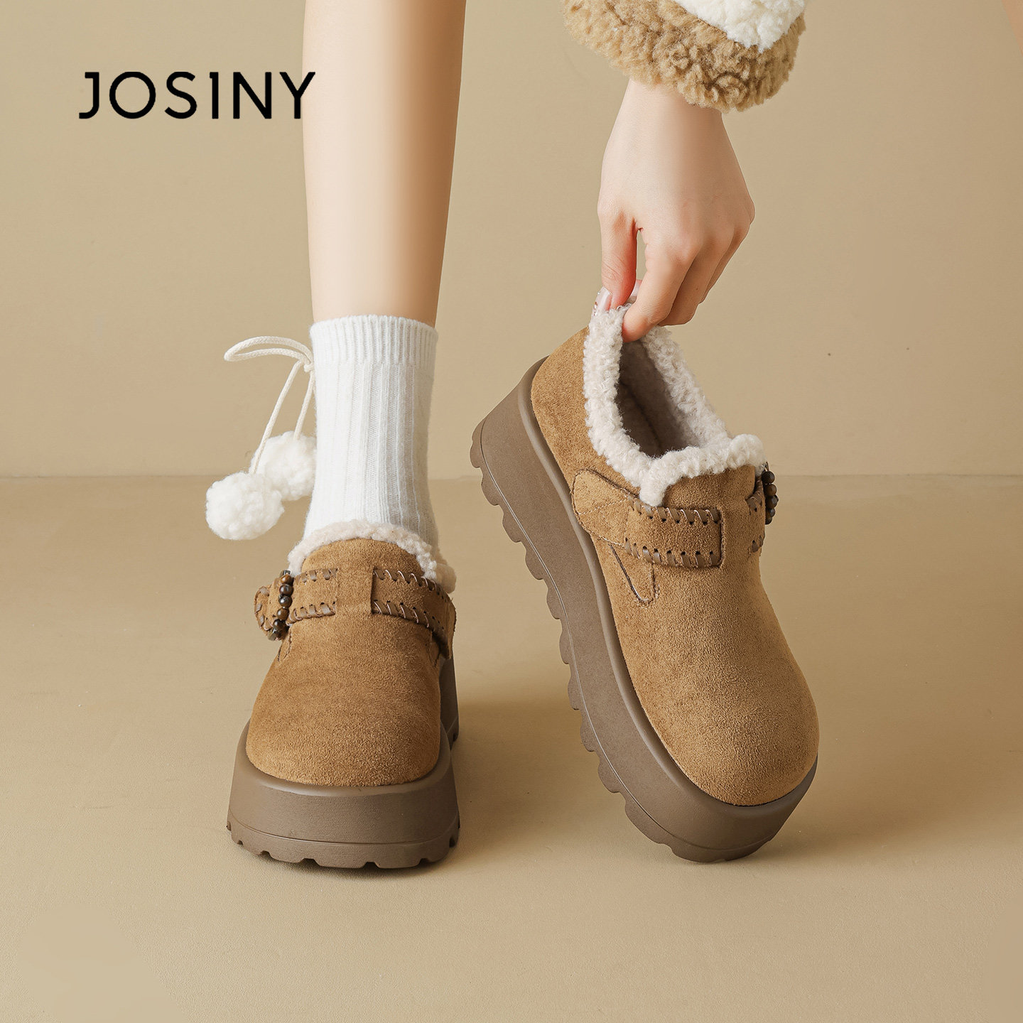 卓诗尼厚底勃肯毛毛鞋女2025新款冬季加绒保暖平底舒适乐福雪地靴,淘宝优惠券,粉丝福利购,淘宝优惠卷