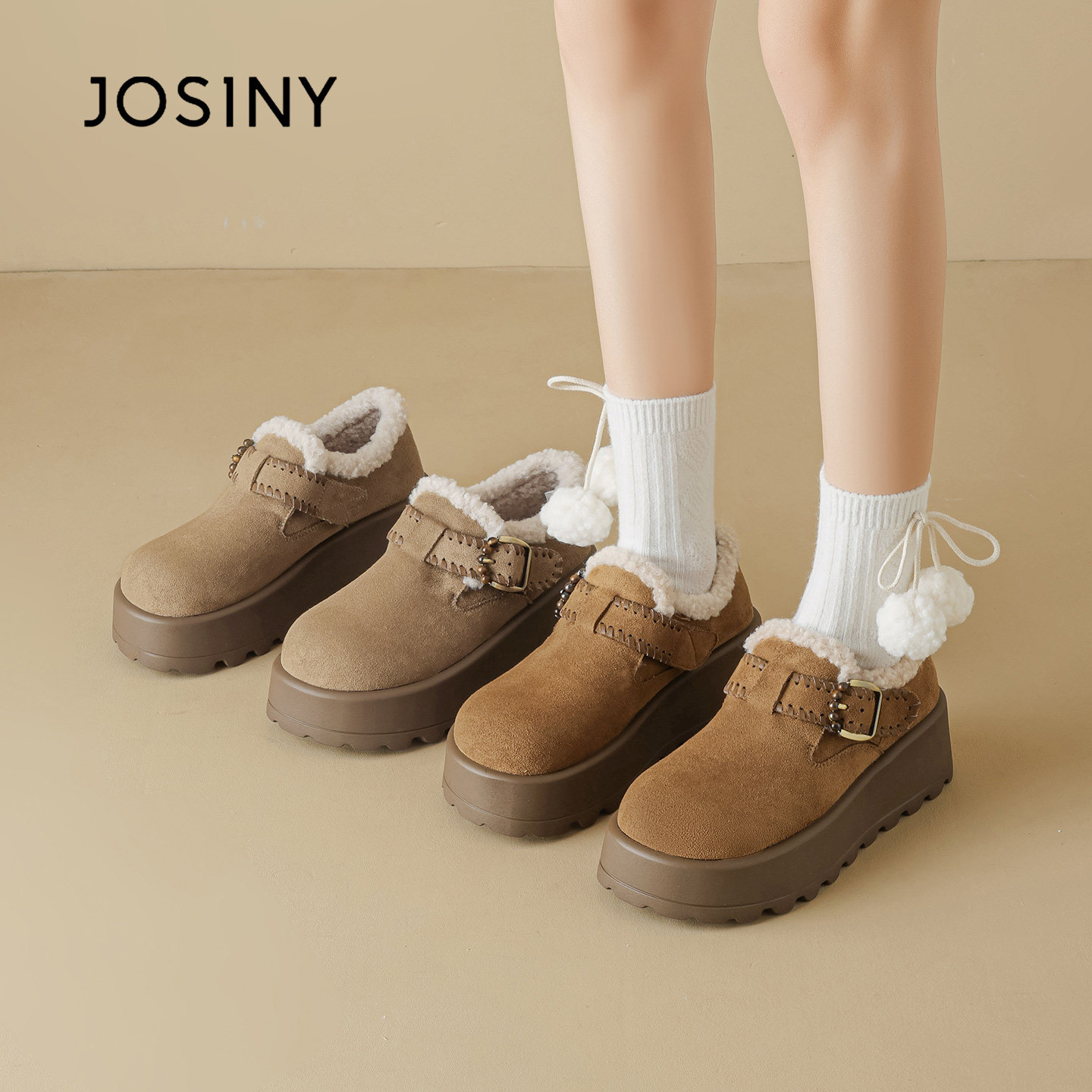 卓诗尼厚底勃肯毛毛鞋女2025新款冬季加绒保暖平底舒适乐福雪地靴,淘宝优惠券,粉丝福利购,淘宝优惠卷