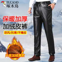 Woodpecker Winter Leather Pants Mens Waterproof Motorcycle Plus Suede Thickened Mid Aged Windproof Warm Pants Men Cotton Pants