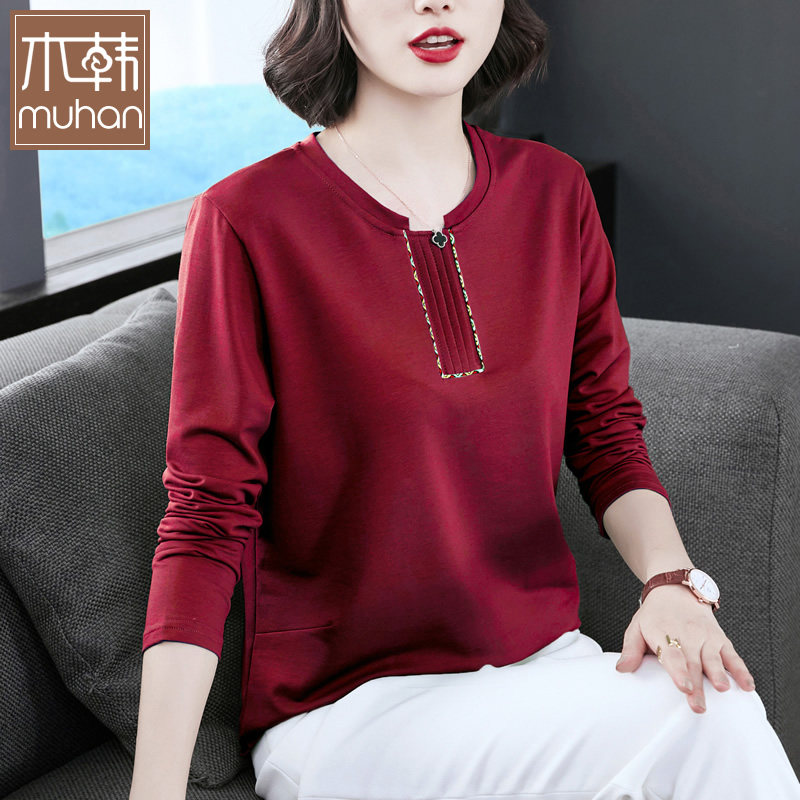 中年妇女夏装纯棉百搭秋衣短袖t恤 木韩T恤