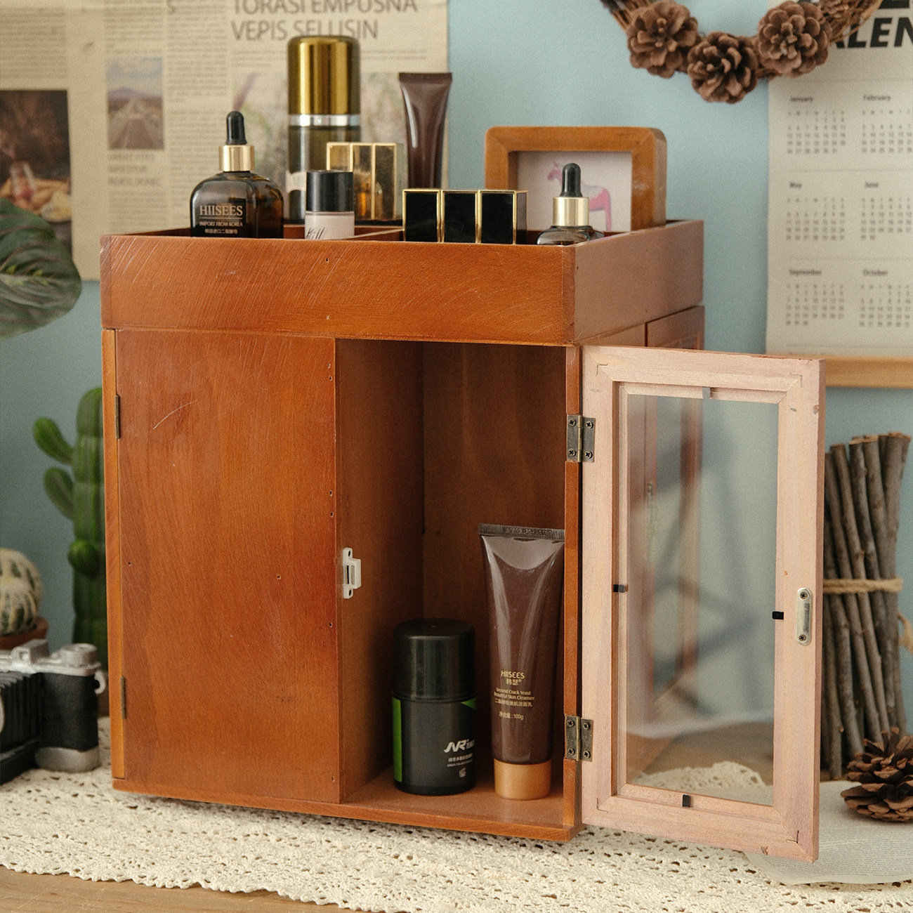 可旋转实木首饰化妆品收纳架桌面梳妆台护肤品口红分格整理置物架,淘宝优惠券,粉丝福利购,淘宝优惠卷