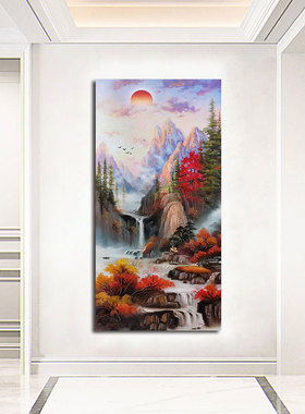 高山流水国画山水画玄关入户装饰画自粘办公室客厅背景墙挂画贴画