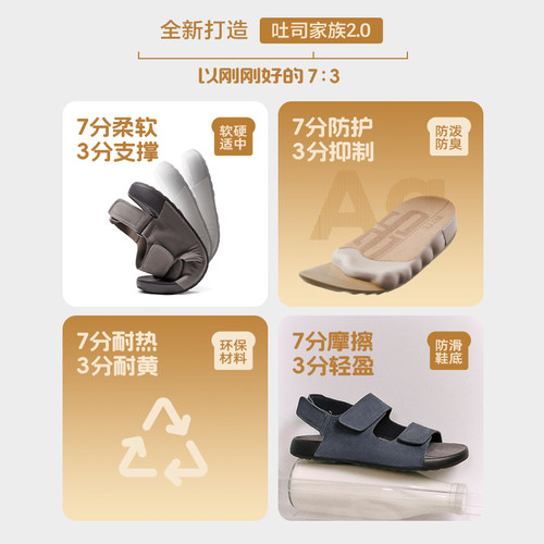 百丽男鞋吐司凉1代升级版魔术贴凉拖男夏新牛皮沙滩凉鞋8GG02BL5 - 图1