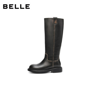 百丽女鞋复古真皮高长靴骑士靴女冬季新款厚底显瘦长筒靴F2U1DDG5