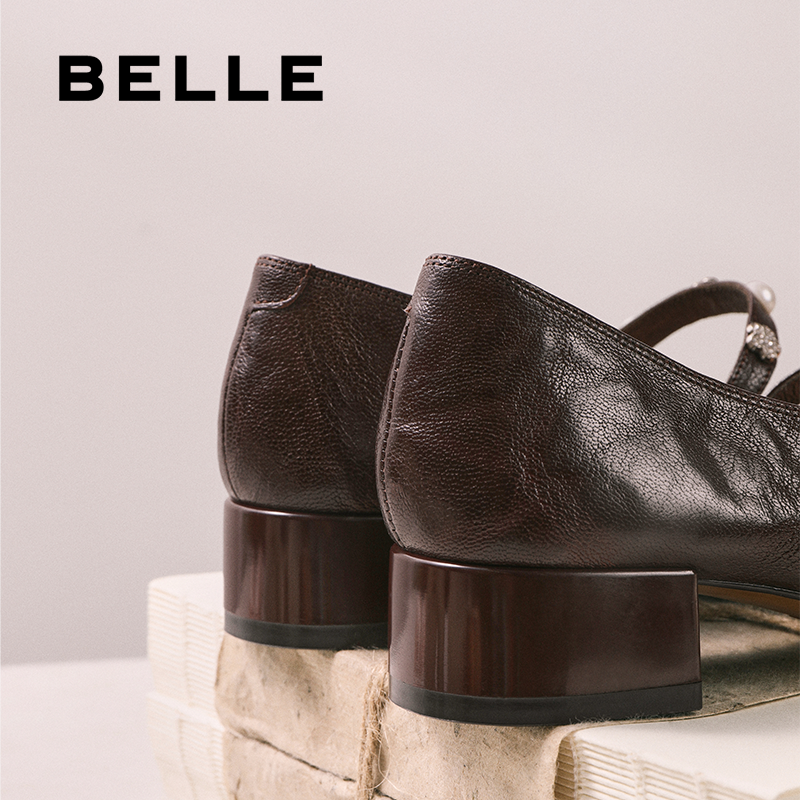 百丽女鞋复古羊皮粗高跟玛丽珍鞋女秋季新款浅口单鞋子E3Z1DCQ5,淘宝优惠券,粉丝福利购,淘宝优惠卷