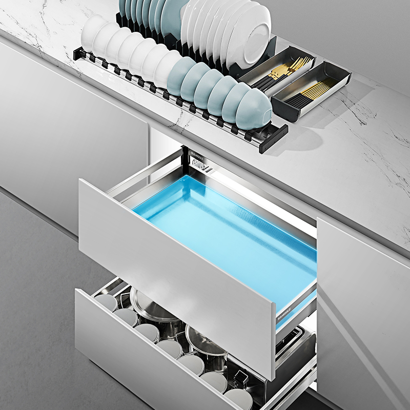 悍高拉篮厨房橱柜304不锈钢碗碟拉篮双层抽屉式开门式收纳碗篮-图3