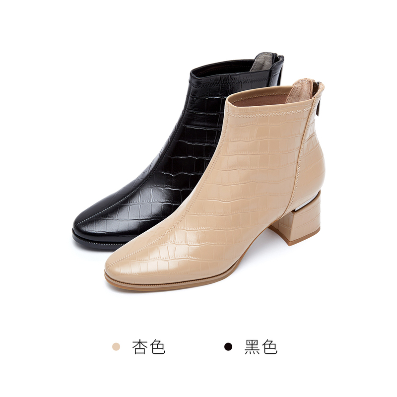 清仓特卖 莱尔斯丹秋冬新款商场同款压纹圆头粗跟女靴3T58307