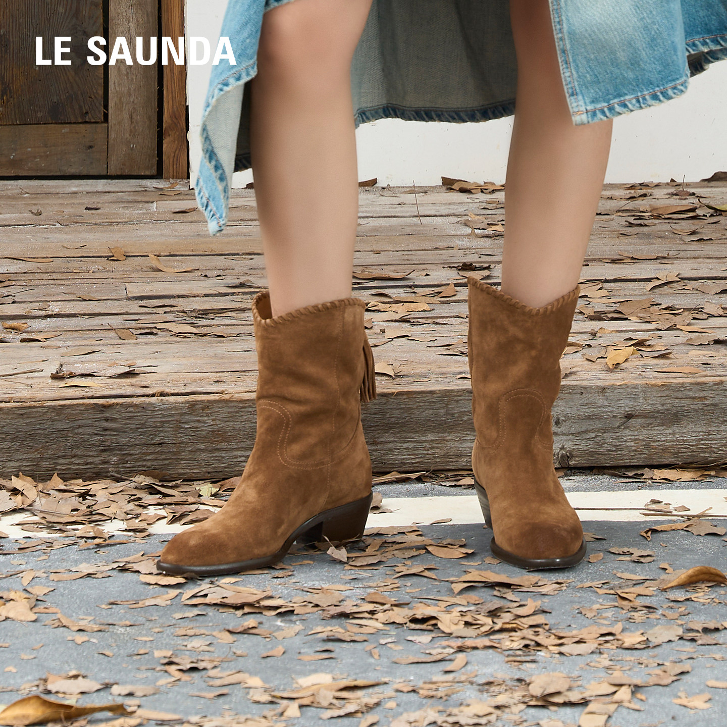 莱尔斯丹2025秋冬新款复古棕色真皮粗跟西部牛仔短靴子女6T55401,淘宝优惠券,粉丝福利购,淘宝优惠卷