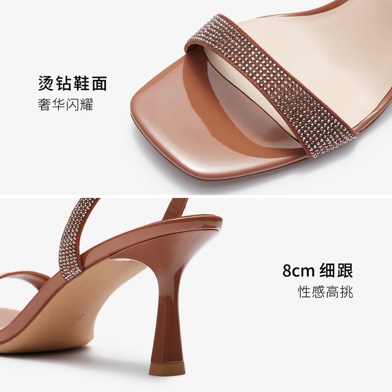 莱尔斯丹春夏新款时尚烫钻方头一字带细高跟凉鞋女鞋4M60801