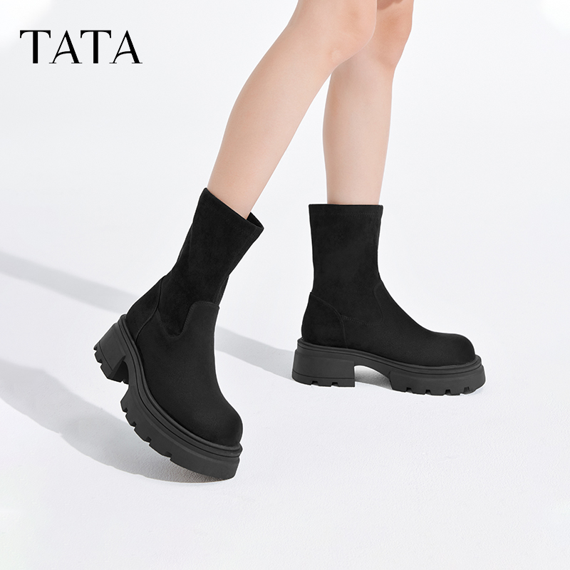 Tata他她瘦瘦弹力靴厚底气质女靴子复古长筒靴秋冬新款WD806DG4 - 图0