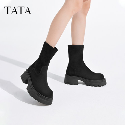 Tata他她瘦瘦弹力靴厚底气质女靴子复古长筒靴秋冬新款WD806DG4 - 图0