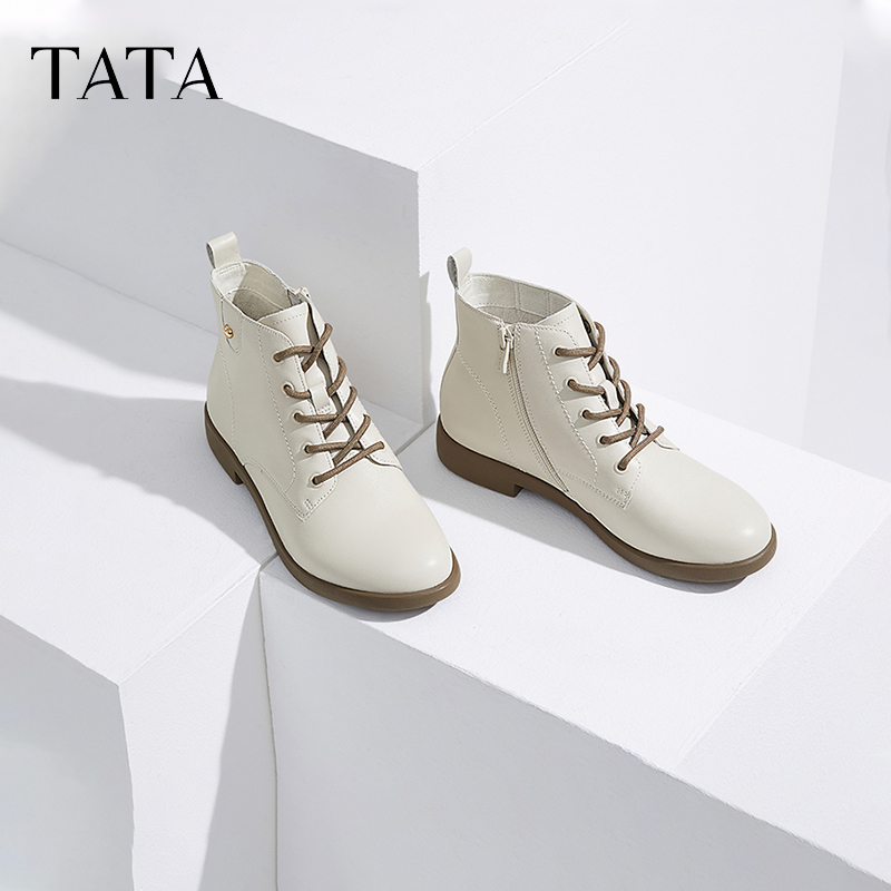 TATA他她休闲马丁靴女靴真皮简约平底短靴子奥莱秋冬新款7BJ48DD4 - 图0