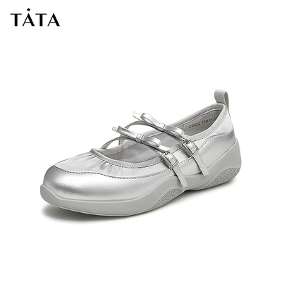 Tata他她银色休闲玛丽珍鞋女鞋运动芭蕾鞋法式2025夏新款正品奥莱