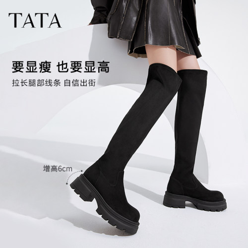 Tata他她瘦瘦弹力靴厚底气质女靴子复古长筒靴秋冬新款WD806DG4 - 图1