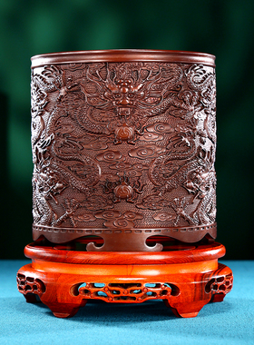 九龙花纹紫铜工艺大号笔筒