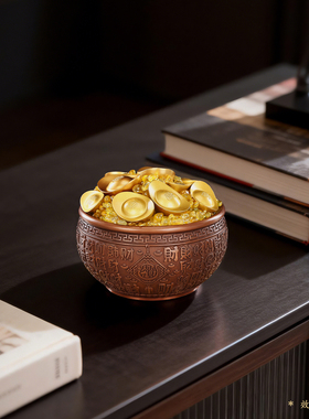 紫铜材质百财聚来聚宝盆摆件