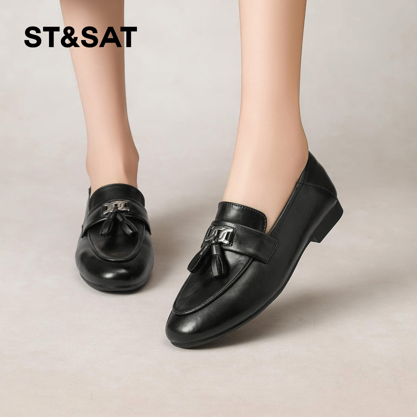 星期六黑色平底乐福鞋女2026春季新款配裙子金属扣流苏复古小皮鞋,淘宝优惠券,粉丝福利购,淘宝优惠卷