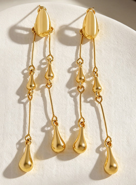 Female light luxury metal water droplet long tassel earrings