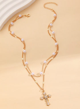 Pearl Multi layer Cross Clavicle Chain Jewelry Girl Necklace