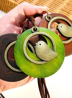 Ethnic style sweater chain retro bird wood pendant necklace