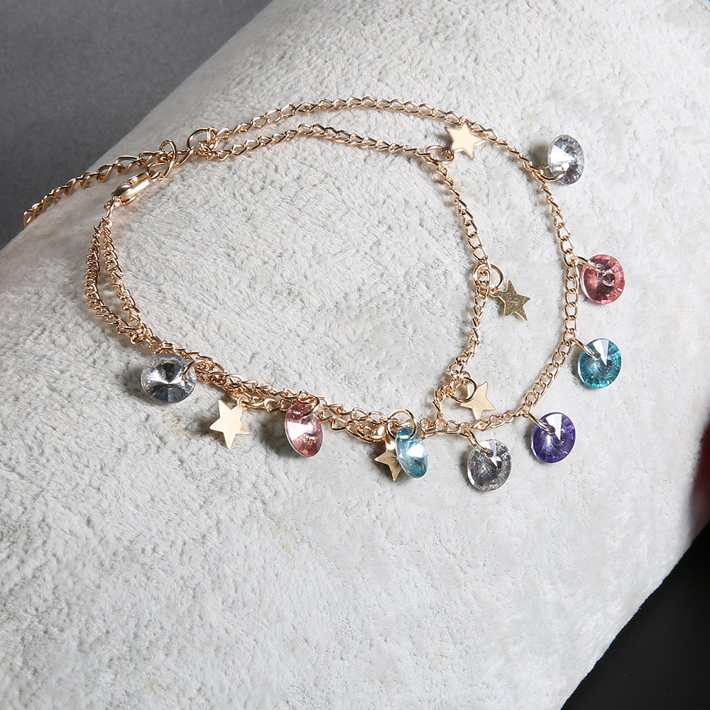 Female colored diamond 5-pointed star multi-layer anklet set - 图1