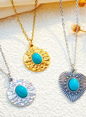 项链Round bead geometric pendant retro ethnic style necklace