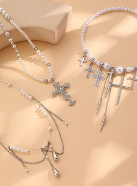 New pearl tassel collar with diamond studded cross necklace