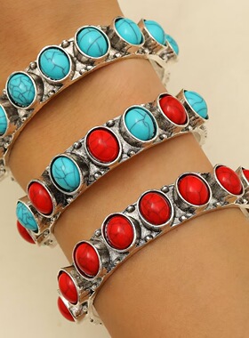 New Bohemian Women's Turquoise Opening Bracelet Earrings手镯