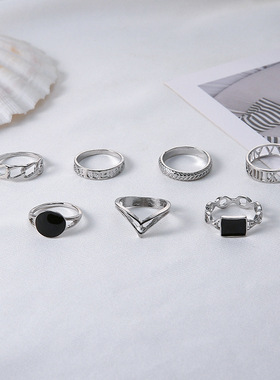 外贸流行黑色滴油复古戒指Popular hollow black retro ring set