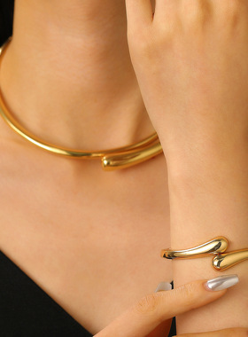 golden wide spring cuff necklace open bracelet 欧美手镯项链