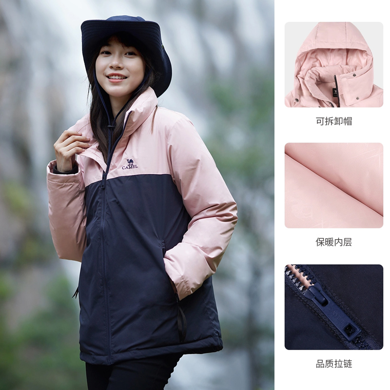 骆驼户外羽绒服女保暖连帽派克工装风羽绒服休闲外套时尚潮牌 - 图1