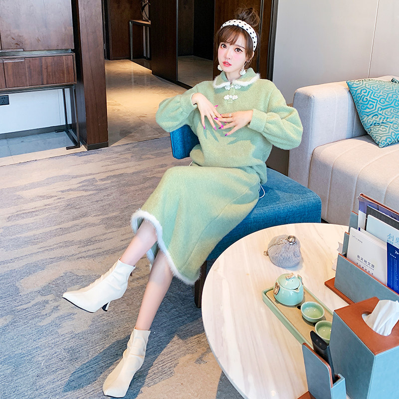 牛油果绿秋冬套装裙国风时尚气质拼接水貂毛条旗袍裙2025年新款,淘宝优惠券,粉丝福利购,淘宝优惠卷