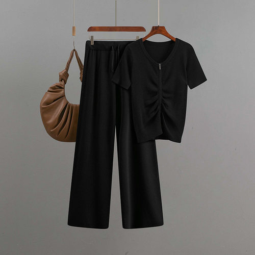 knitted shirt and pants set圆领短袖针织套装2026拉链纯色衣 - 图2