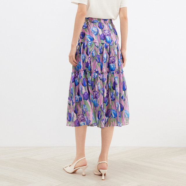 Cole Tier outlets commuting elegant women's floral romantic French pleated stitching A-line skirt mid-length skirt