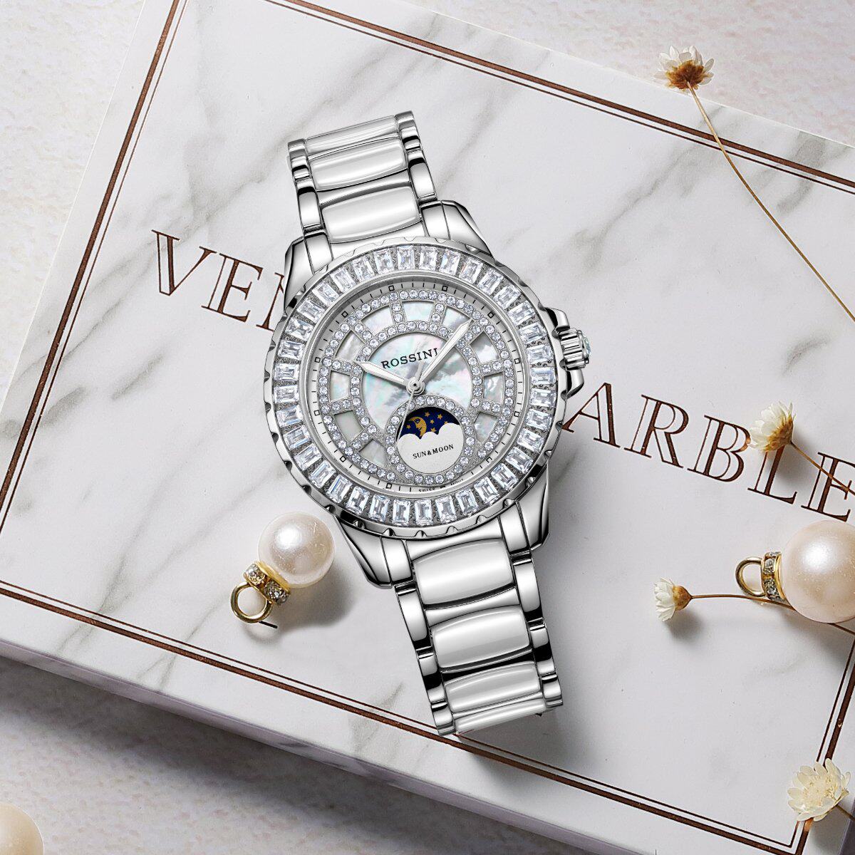 罗西尼时尚镶钻月相进口陶瓷表带 罗西尼outlets店国产腕表
