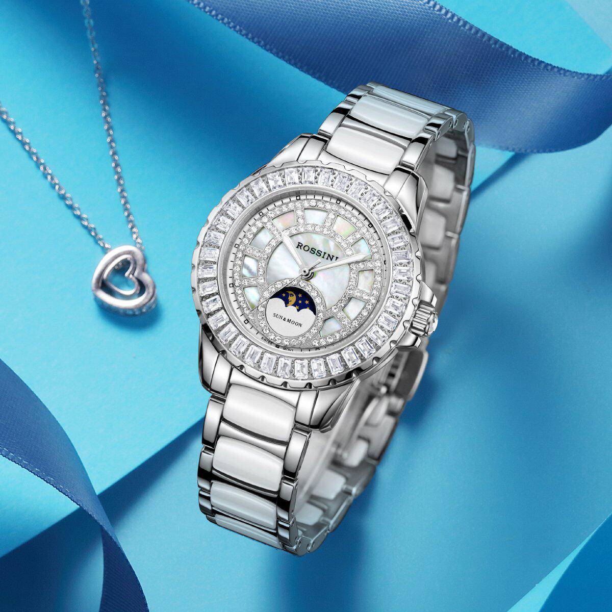 罗西尼时尚镶钻月相进口陶瓷表带 罗西尼outlets店国产腕表
