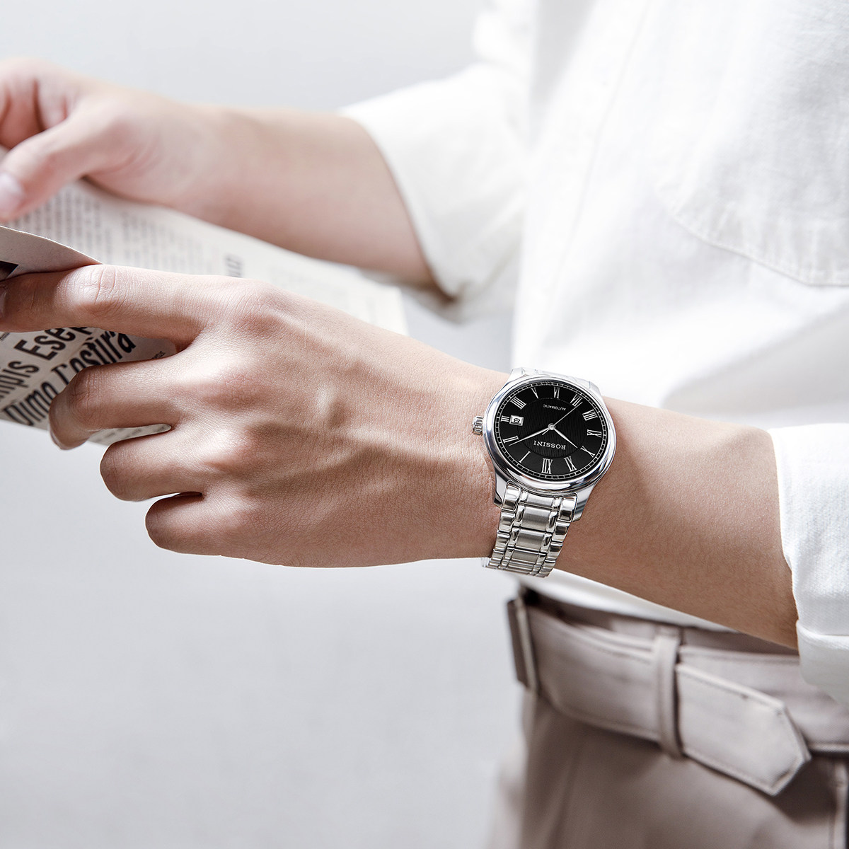 罗西尼自动防水休闲钢带商务机械表 罗西尼outlets店国产腕表