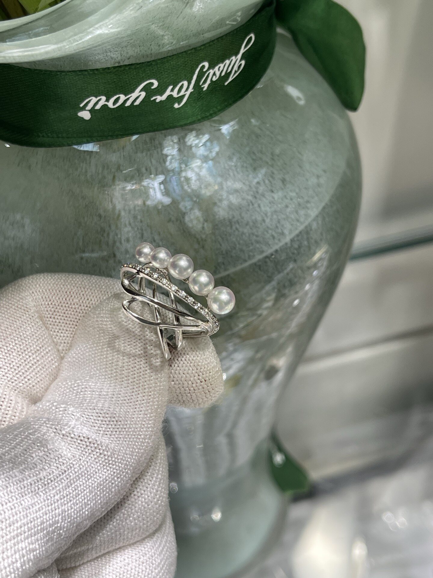 Japanese finished product mirror goddess light 4 6mm seawater akoya multi-bead ring 18k natural diamond inlaid