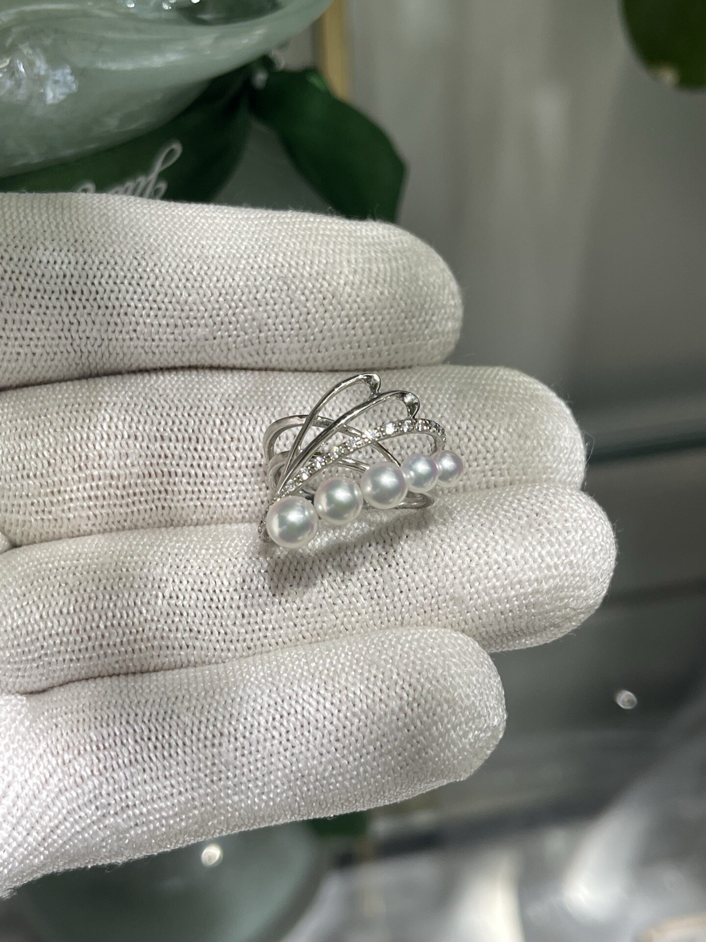 Japanese finished product mirror goddess light 4 6mm seawater akoya multi-bead ring 18k natural diamond inlaid